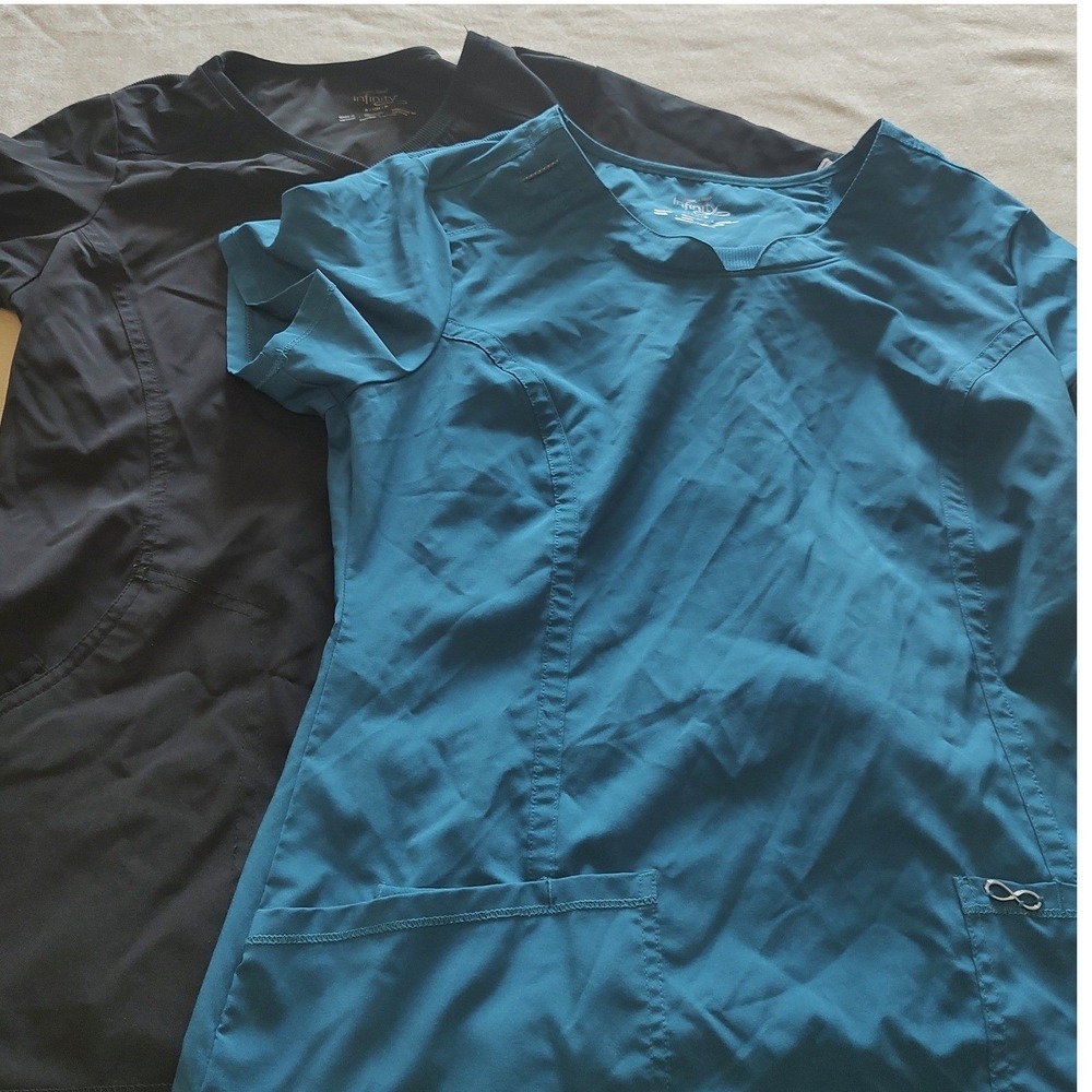 Cherokee Infinity Womens Scrub Top Bundle Black Teal Blue V-Neck Size S Lot of 2